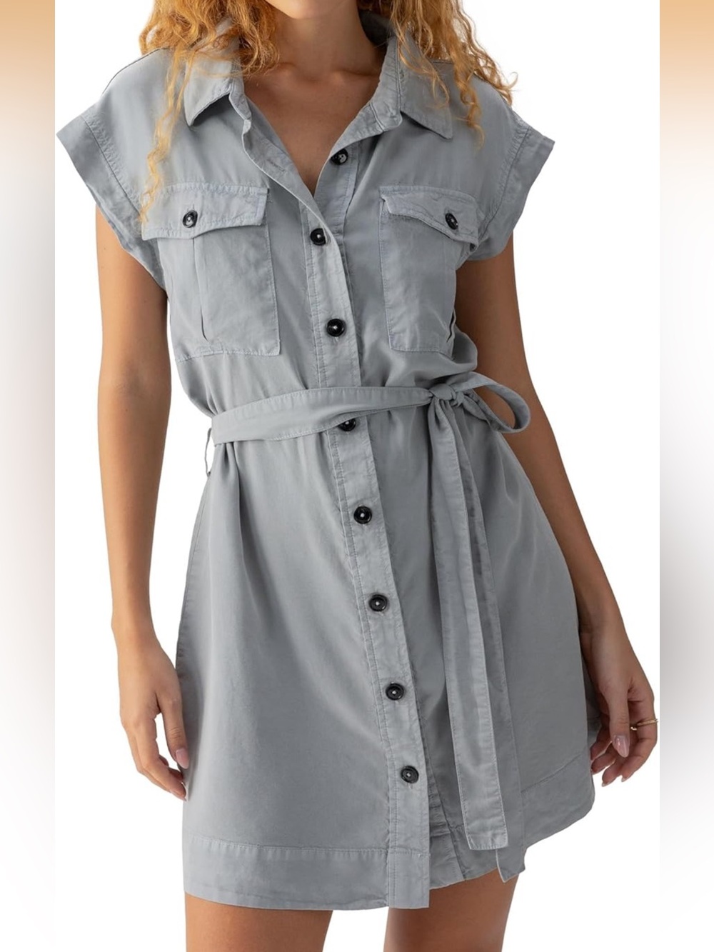 Sanctuary Lyocell Shirt Dress L Light Blue Utility Button Front Belted Sleeveles